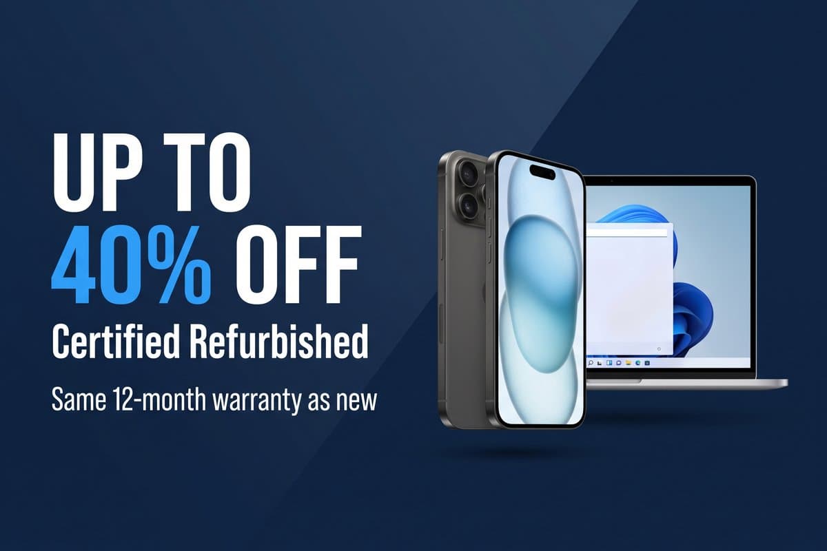 Up to 40% off certified refurbished — same 12-month warranty as new