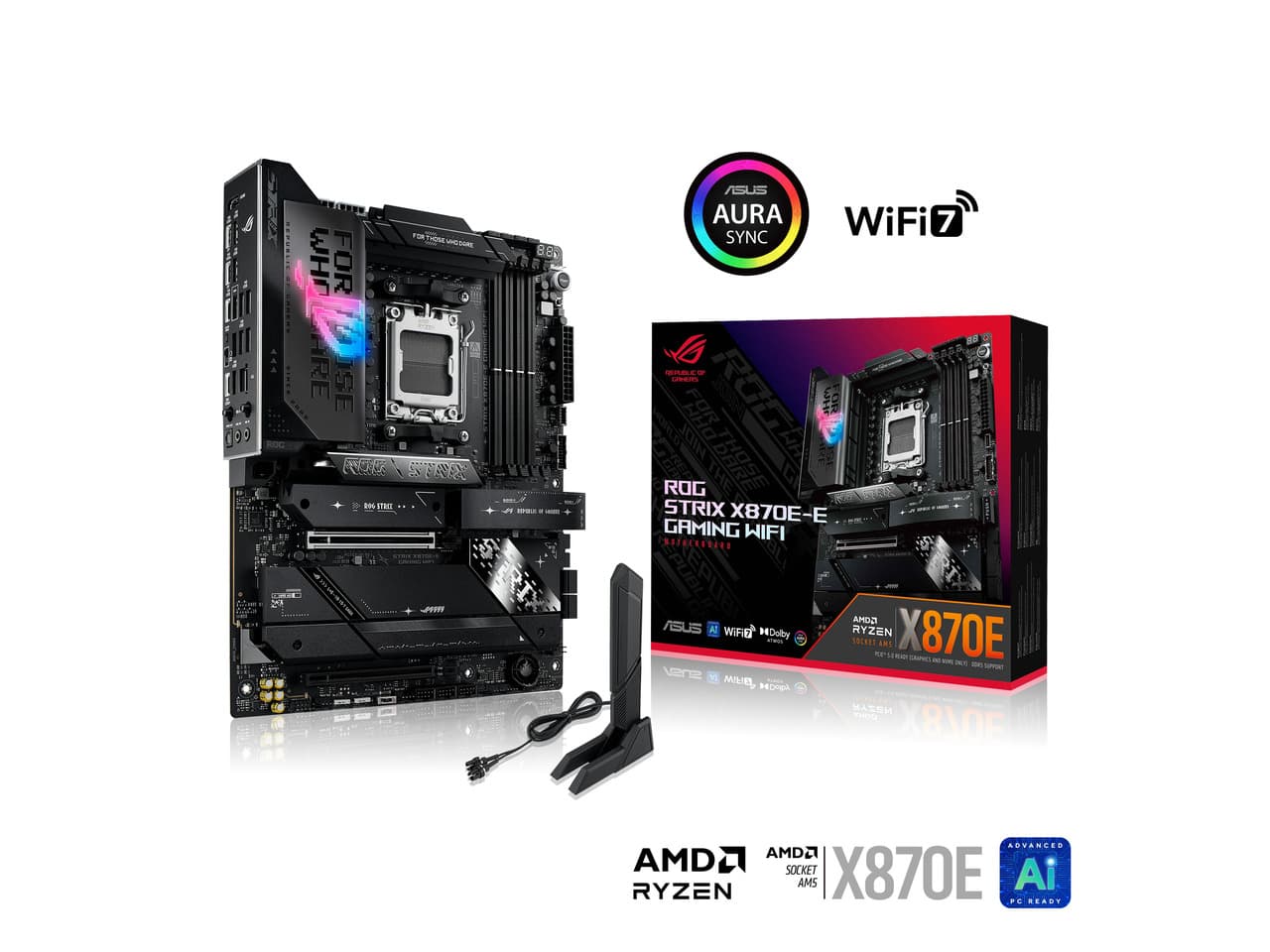 ASUS ROG STRIX X870E-E GAMING WIFI AMD AM5 X870 ATX motherboard 18+2+2 power stages, Dynamic OC Switcher, Core Flex, DDR5 AEMP, WiFi 7, 5x M.2, PCIe 5.0