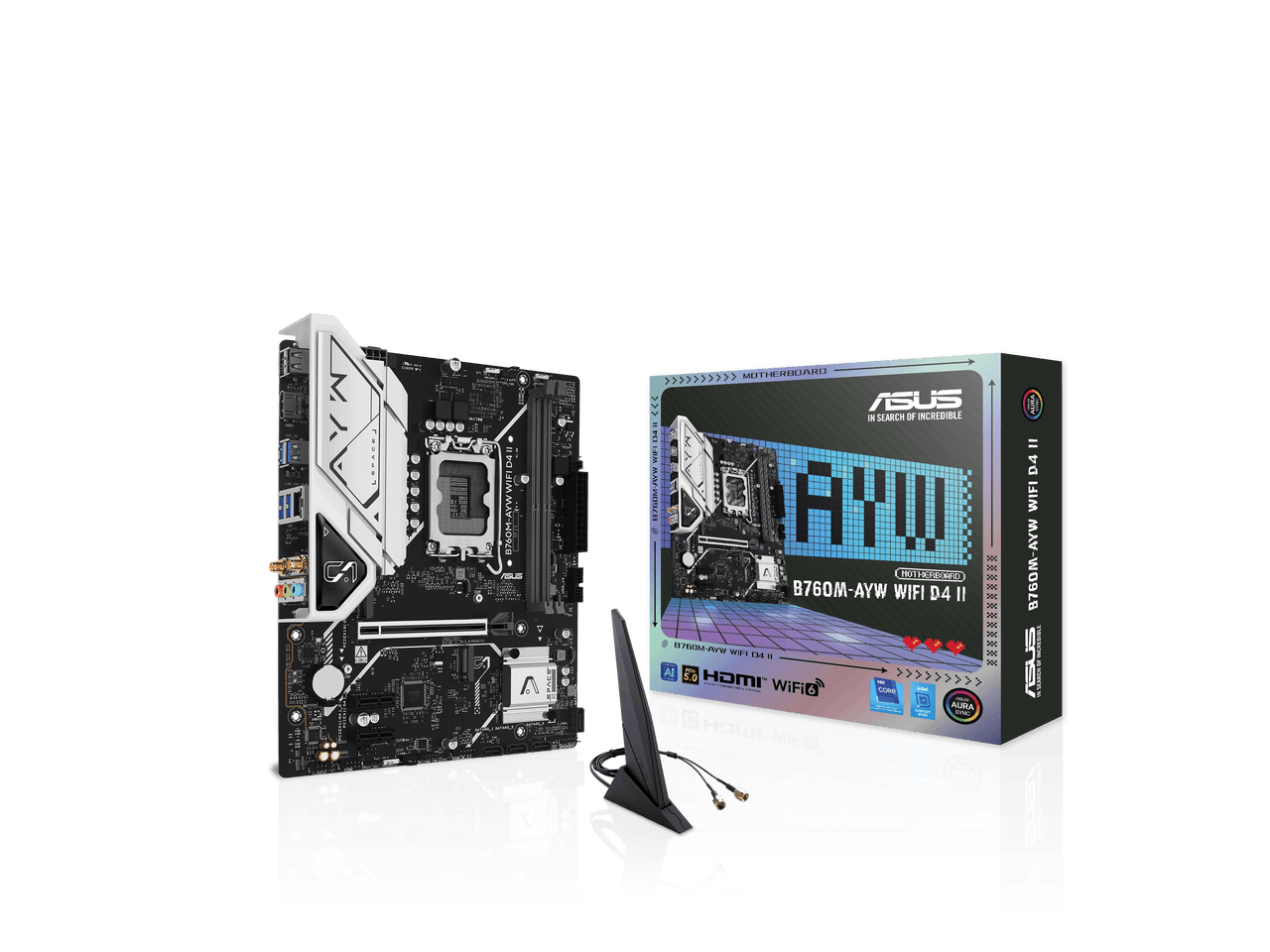 ASUS B760M-AYW WIFI D4 II Intel B760 (LGA 1700) microATX mATX motherboard, PCIe 5.0 x16 Support, two M.2 slots, DDR4, Realtek 2.5Gb Ethernet, Wi-Fi 6, HDMI