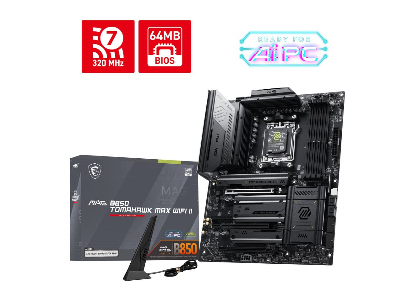 MSI MAG B850 TOMAHAWK MAX WIFI II Motherboard, ATX - Supports AMD Ryzen 9000 / 8000 / 7000 Processors, AM5 - 80A SPS VRM, DDR5 Memory Boost