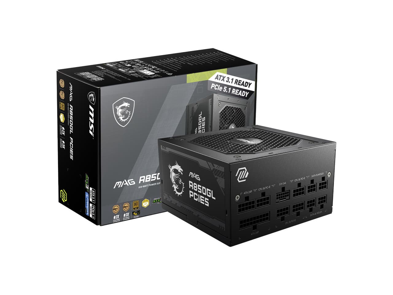 MSI MAG A850GL PCIE5, Fully Modular Compact Gaming 850W Power Supply, 80+ Gold, ATX 3.1 & PCIe 5.1 Ready, Native Dual-color 12V-2x6 cable, 10 Year Warranty