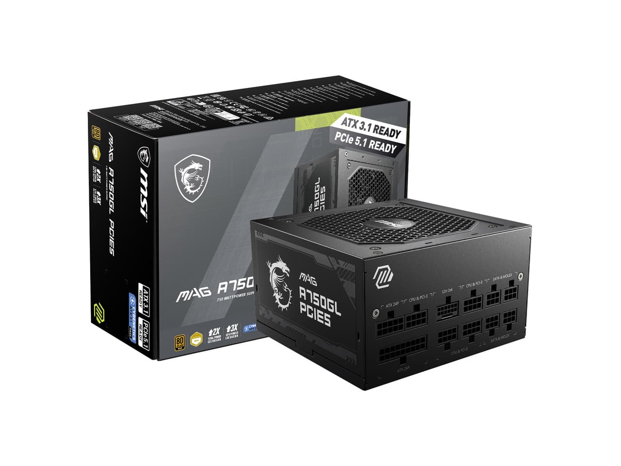 MSI MAG A750GL PCIE5, Fully Modular Compact Gaming 750W Power Supply, 80+ Gold, ATX 3.1 & PCIe 5.1 Ready, 12V-2x6 Cable