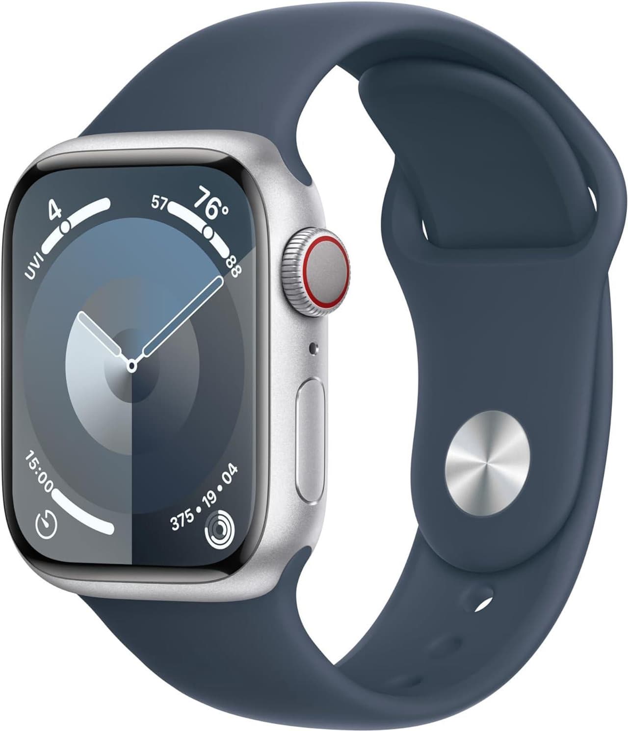 Apple Watch Series 9 [GPS 41mm] Smartwatch with Silver Aluminum Case with Storm Blue Sport Band S/M.