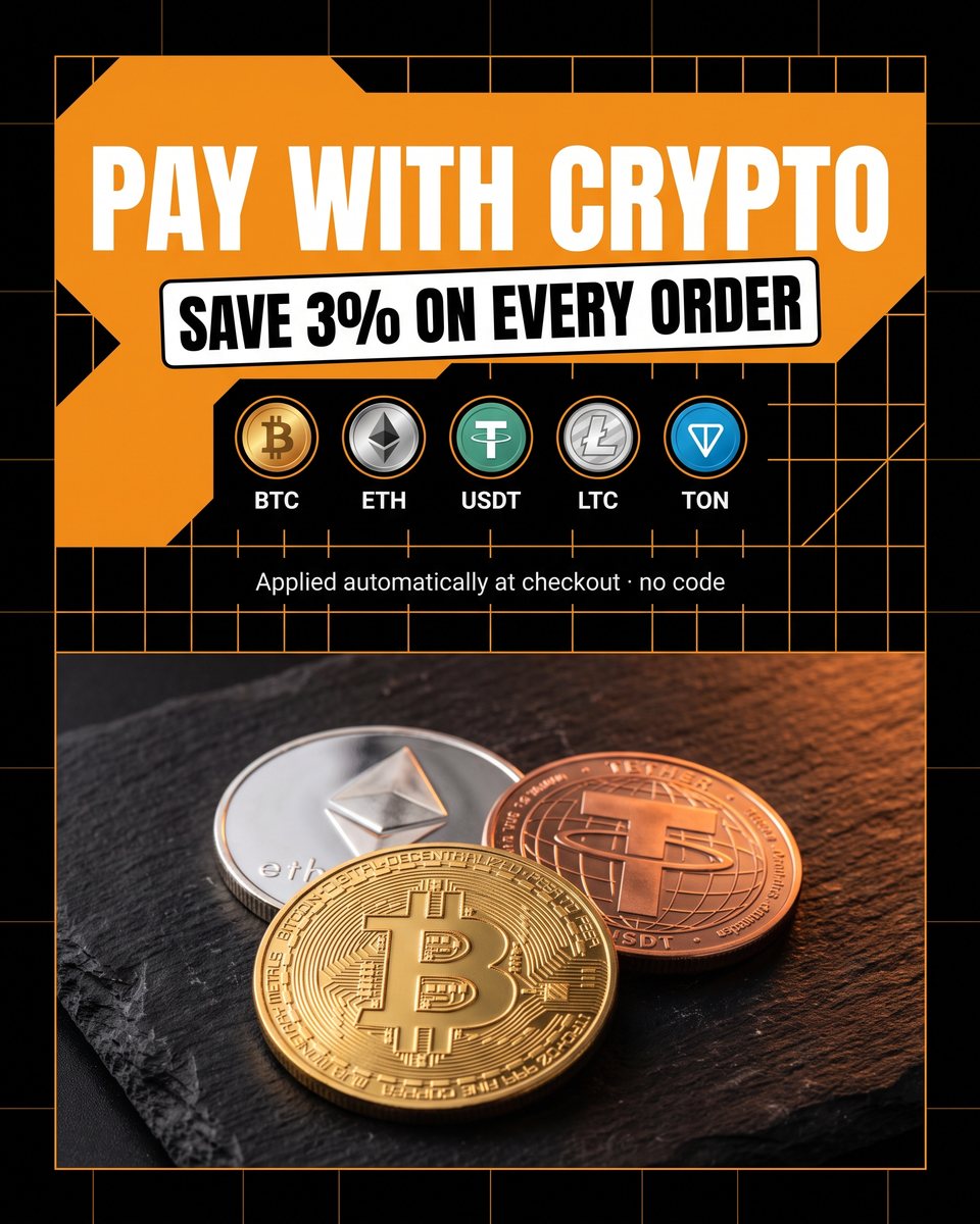 Pay with crypto, save 3% on every order — BTC, ETH, USDT, LTC, TON, applied automatically