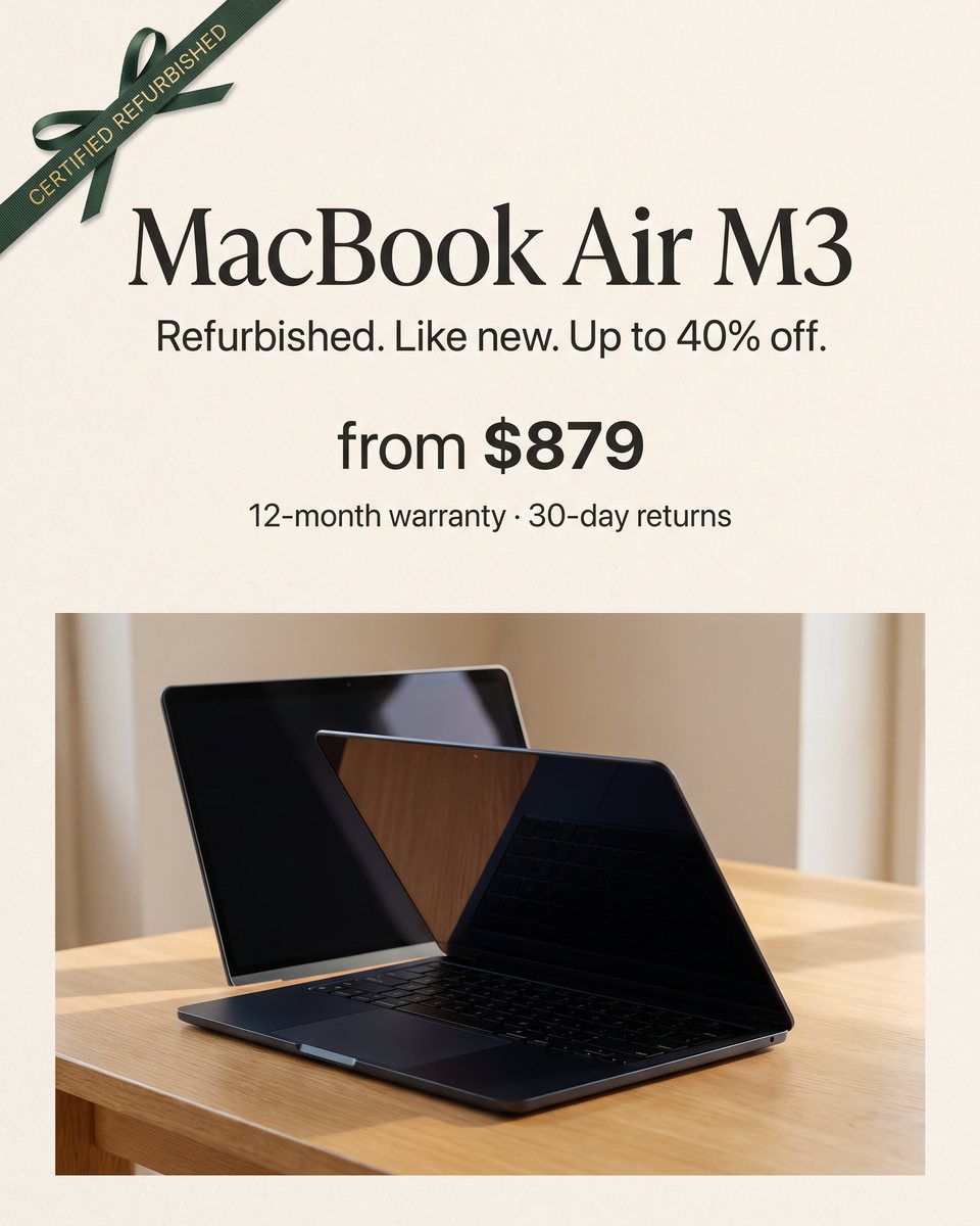 Certified refurbished MacBook Air M3 from $879 — like new, up to 40% off, 12-month warranty